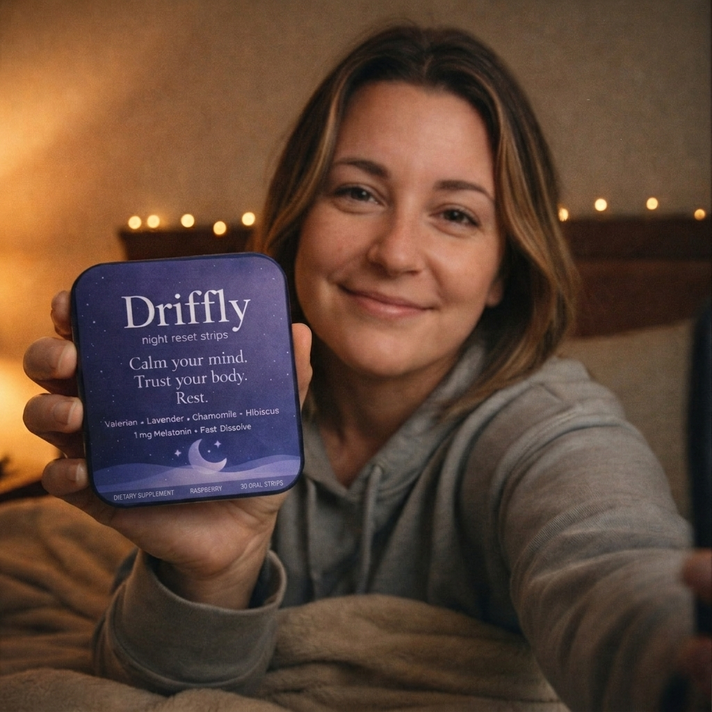 Woman holding a tin of Driffly night reset strips in bed